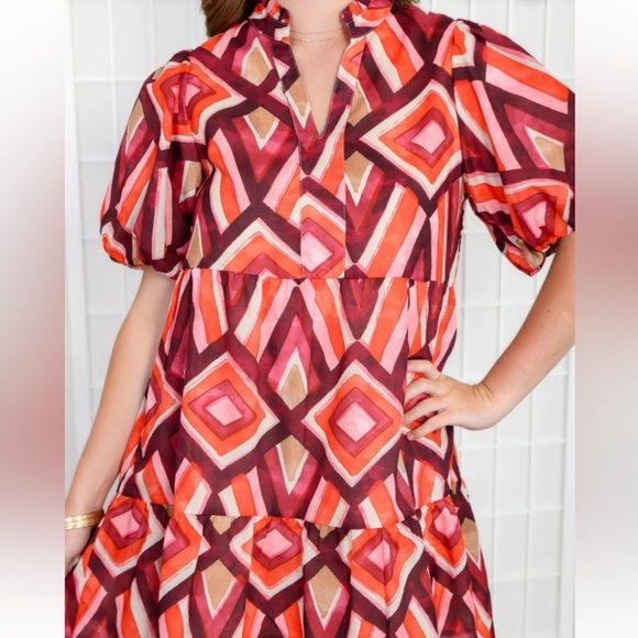 THML Tanya Rust Patterned Puff Sleeve Mini Dress size S - Picture 2 of 8